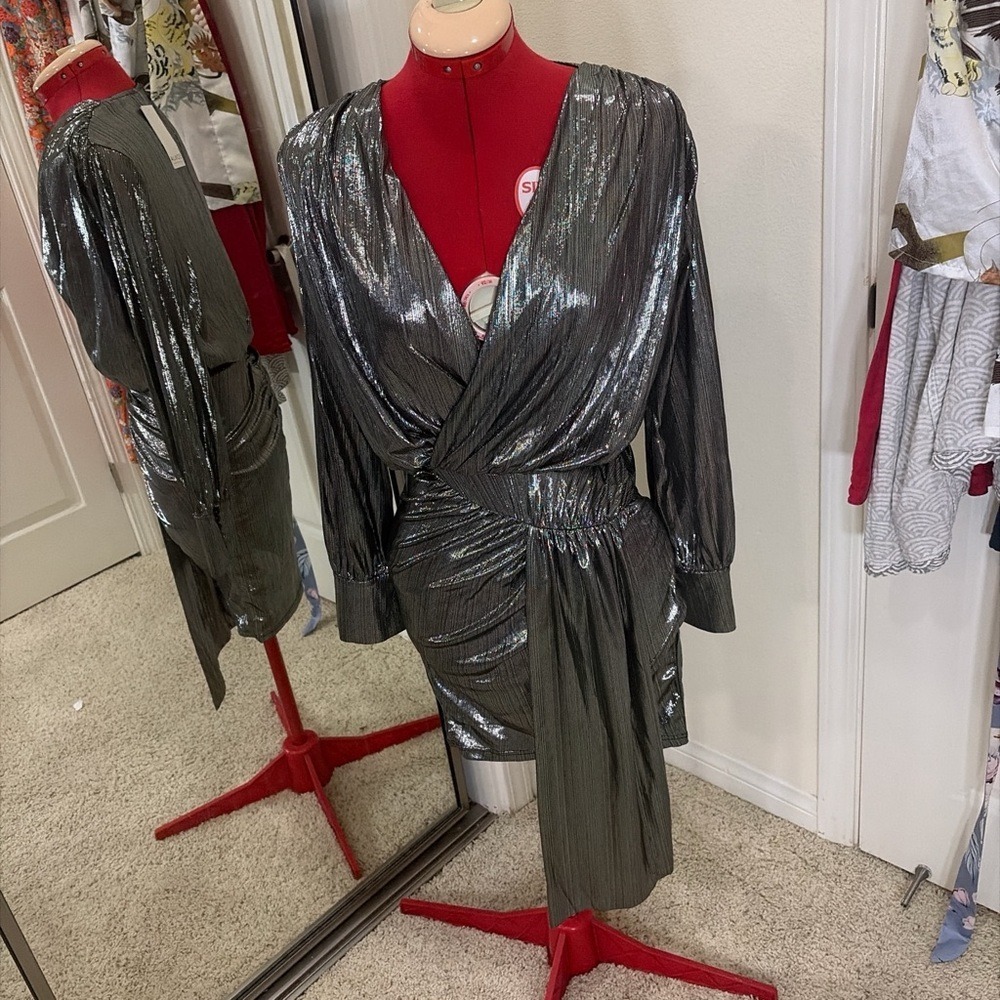 Metallic Gunmetal Wrap Mini Dress
